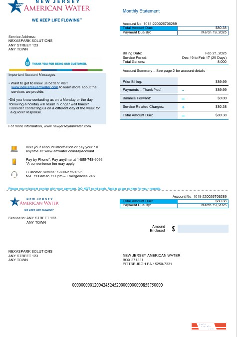 USA New Jersey American water business utility bill Word and PDF template PSD template